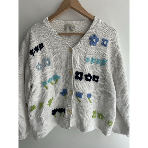 Vintage Susan Bristol White Sweater Cardigan Hand Knit Flowers Cottage Core Sz L - Picture 2 of 8